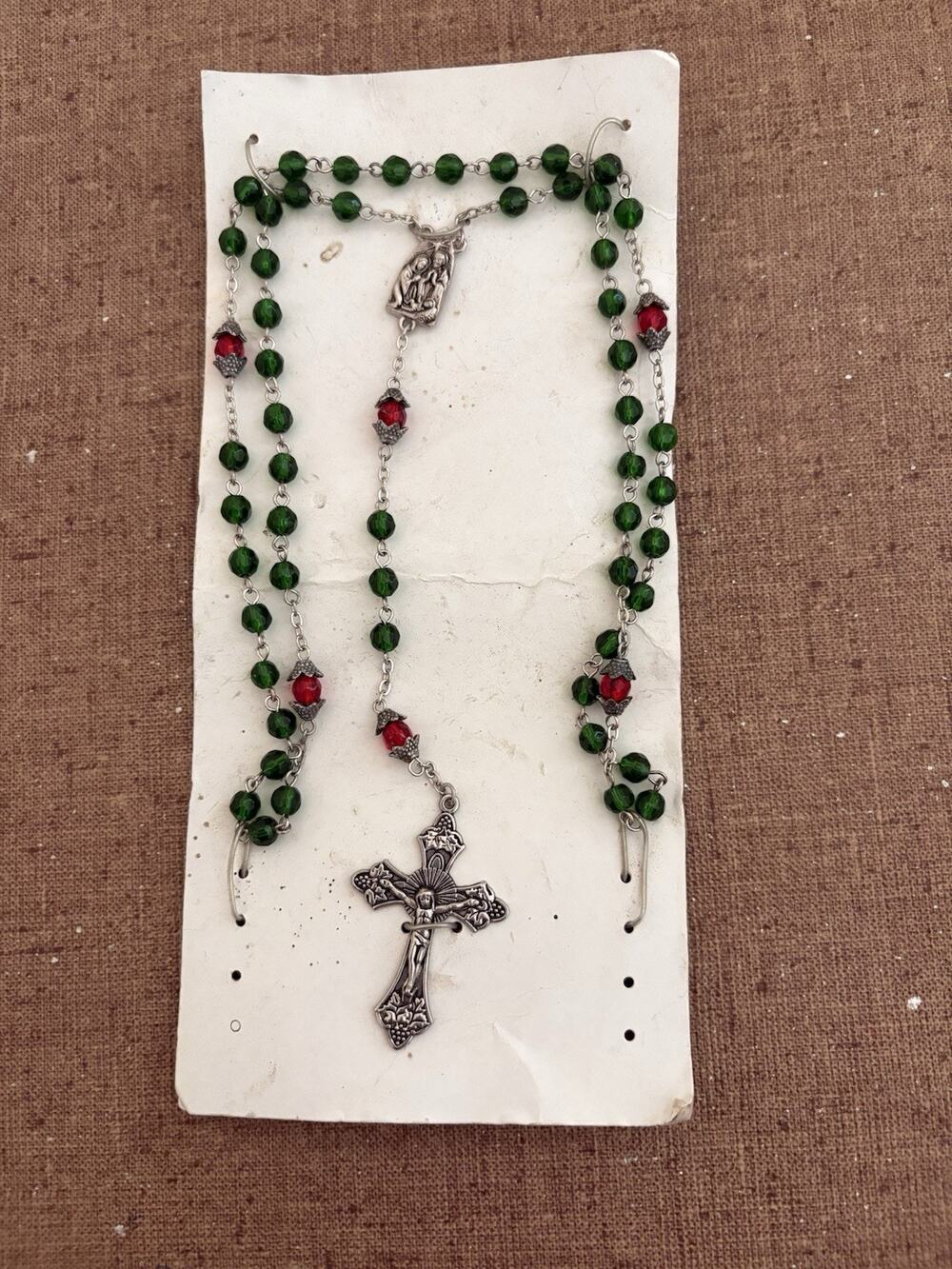 Green & Red Christmas Bead Christian Rosary Crucifix Cross Center Medal